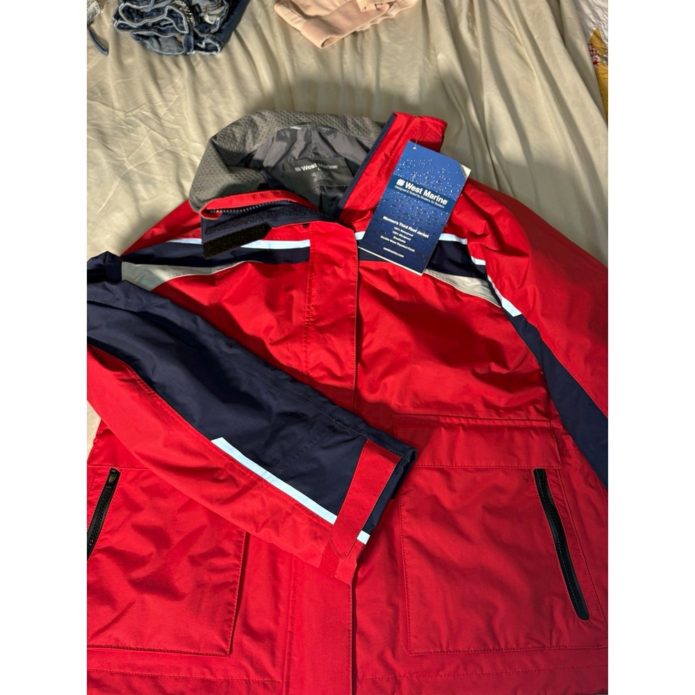 West Marine womens Third Reef Jacket L Red Weatherproof Hooded Boating